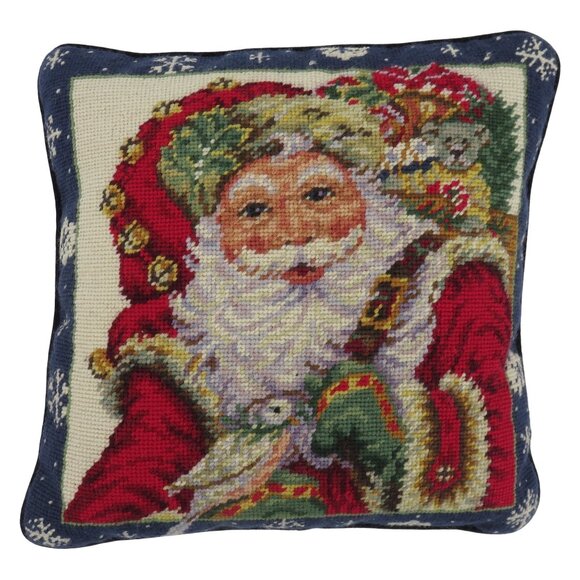 Needlepoint Santa Claus Papa Noel Christmas Square Pillow Blue Velvet Zipper - Picture 1 of 11